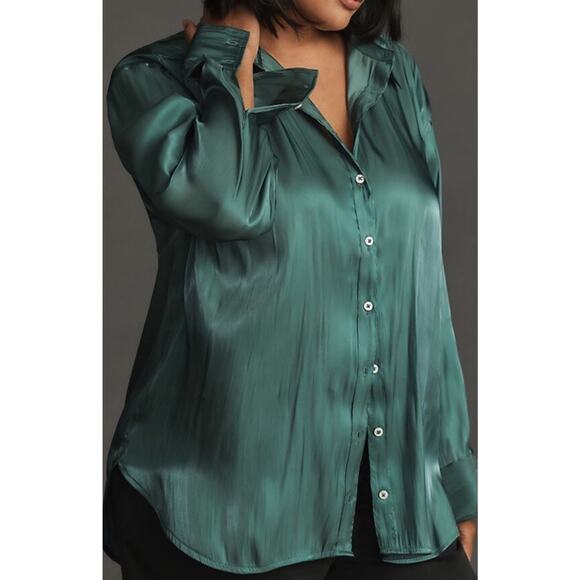 Anthropologie Silky Iridescent Button Up Green Long Sleeve Shirt Plus 3X - Picture 5 of 14